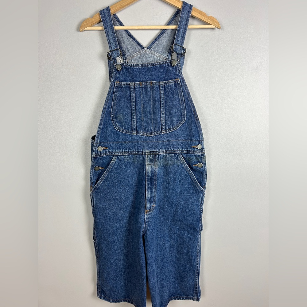 VINTAGE Denim Overall Carpenter Shorts Women's Size Small Blue Long Utility Work